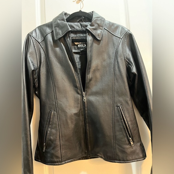 Biker's Club Black Leather Biker Full Zip Jacket Med ArmpitToArmpit 21”length26” - Picture 3 of 7